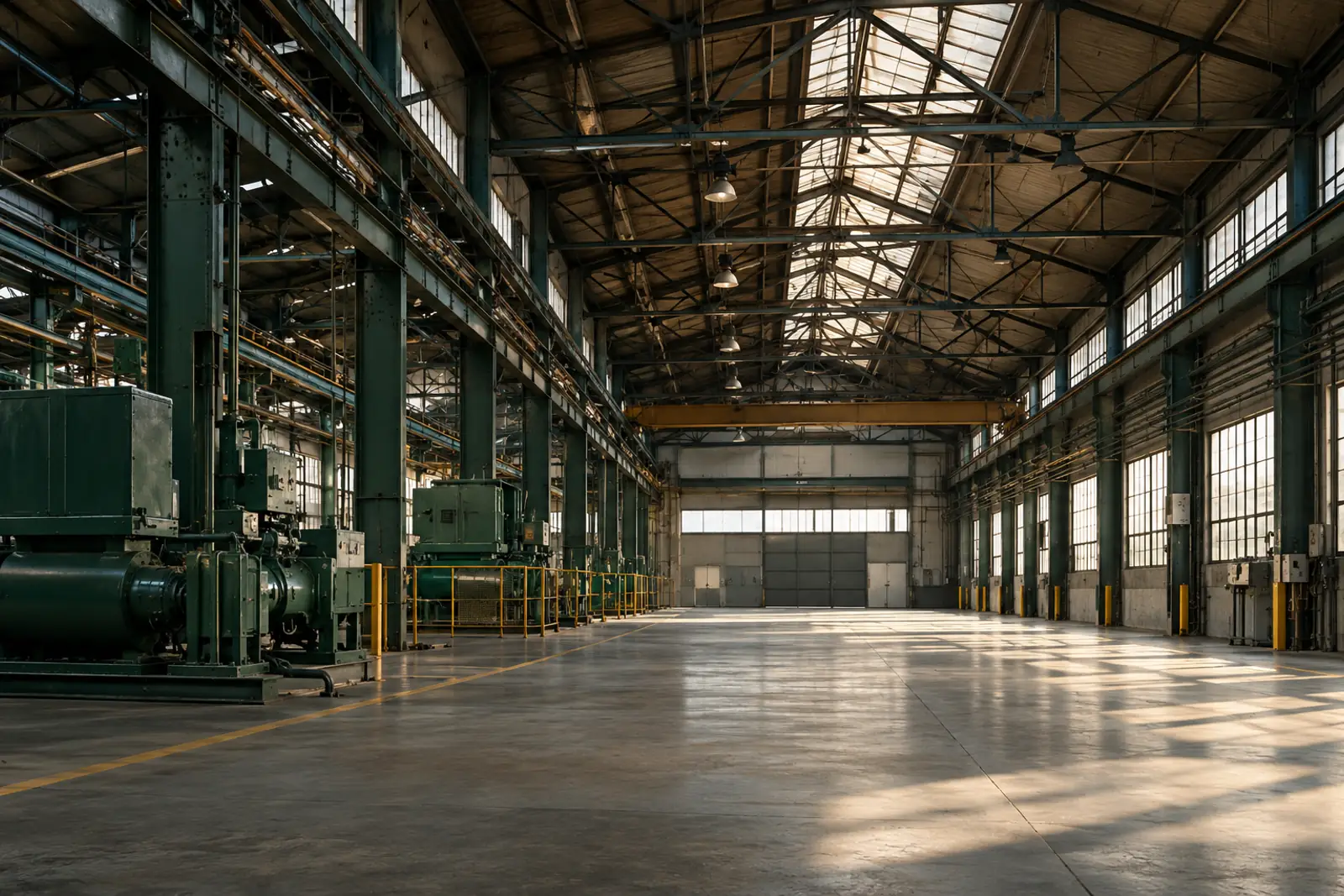 Daylight through steel trusses in a large British industrial building