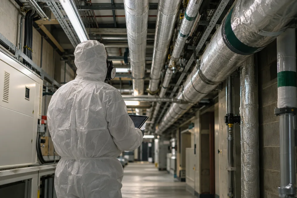 Surveyor reviewing an intact commercial service corridor